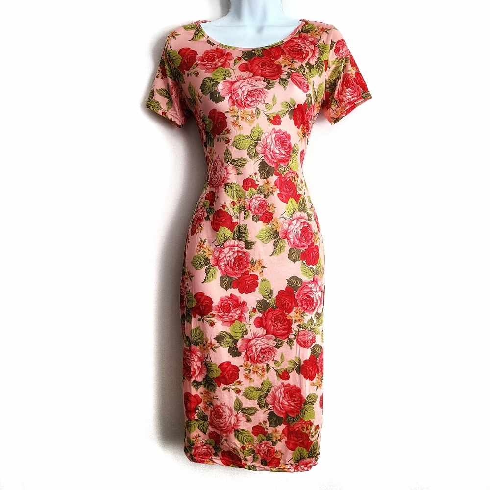 Pink Floral Bodycon Midi Dress